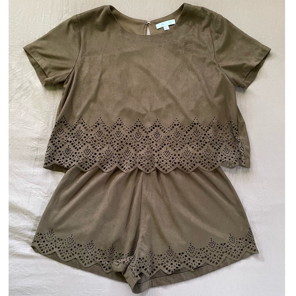 She + Sky Green Suede Open Back Romper